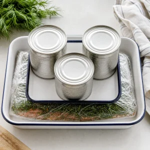 Wrapped salmon parcel pressed under a tray and plain cans