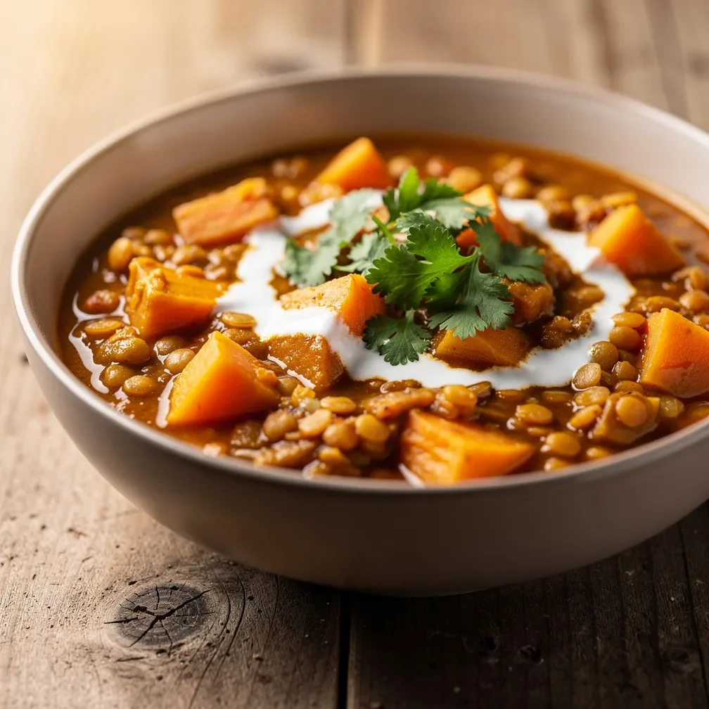 Miseczka kolorowego curry z batatów i soczewicy, ozdobiona świeżą kolendrą i sosem z mleka kokosowego.