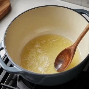 Kokosoel erhitzt sich in einem grossen Topf fuer Suesskartoffel-Linsen-Curry