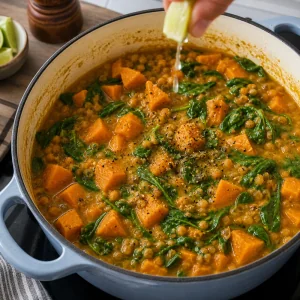 Fertiges Suesskartoffel-Linsen-Curry mit Limettensaft, Salz und Pfeffer abgeschmeckt