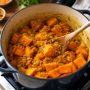 Nährendes Süßkartoffel-Linsen-Curry mit Spinat