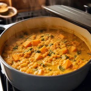 Nährendes Süßkartoffel-Linsen-Curry mit Spinat