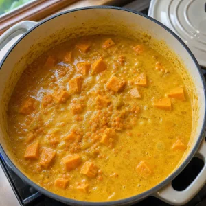 Suesskartoffeln und rote Linsen koecheln in goldener Kokos-Currysauce