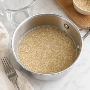 Quinoa a cozinhar suavemente numa panela pequena ate absorver a agua