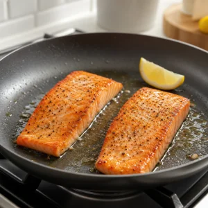 Filetes de salmao temperados a selar numa frigideira com azeite