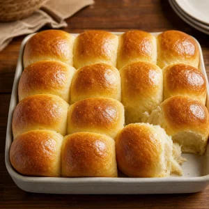 Golden pull-apart dinner rolls in a baking dish