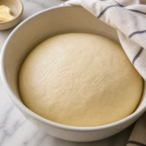 Risen bread dough doubled in a buttered bowl