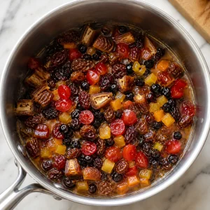 Fruits secs et cerises confites qui trempent dans une casserole
