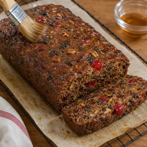 Cake aux fruits terminé, badigeonné et refroidissant sur une grille