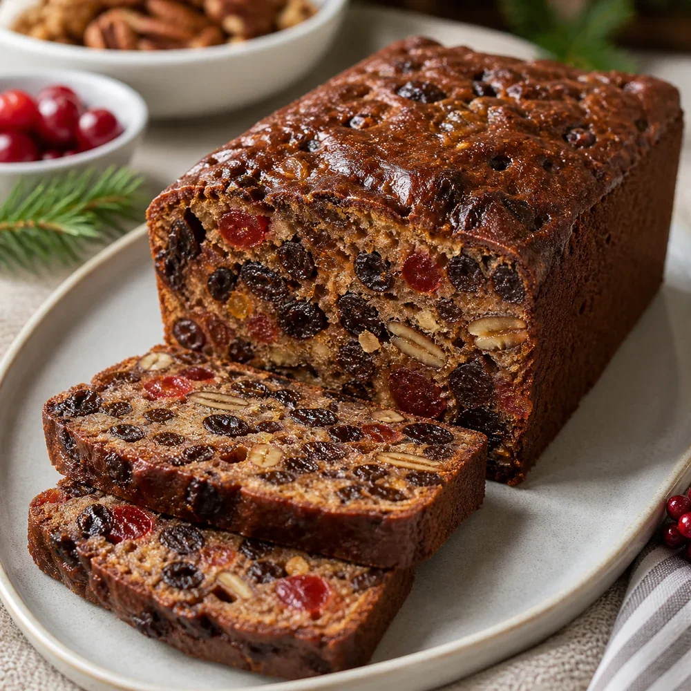 Cake aux fruits traditionnel tranché avec fruits secs et noix