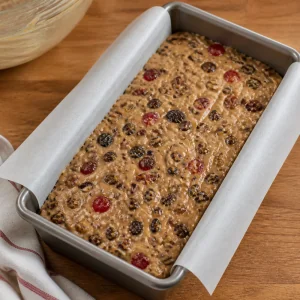 Pâte crue de cake aux fruits lissée dans un moule chemisé
