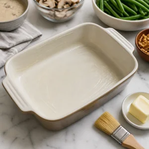 Buttered baking dish ready for casserole