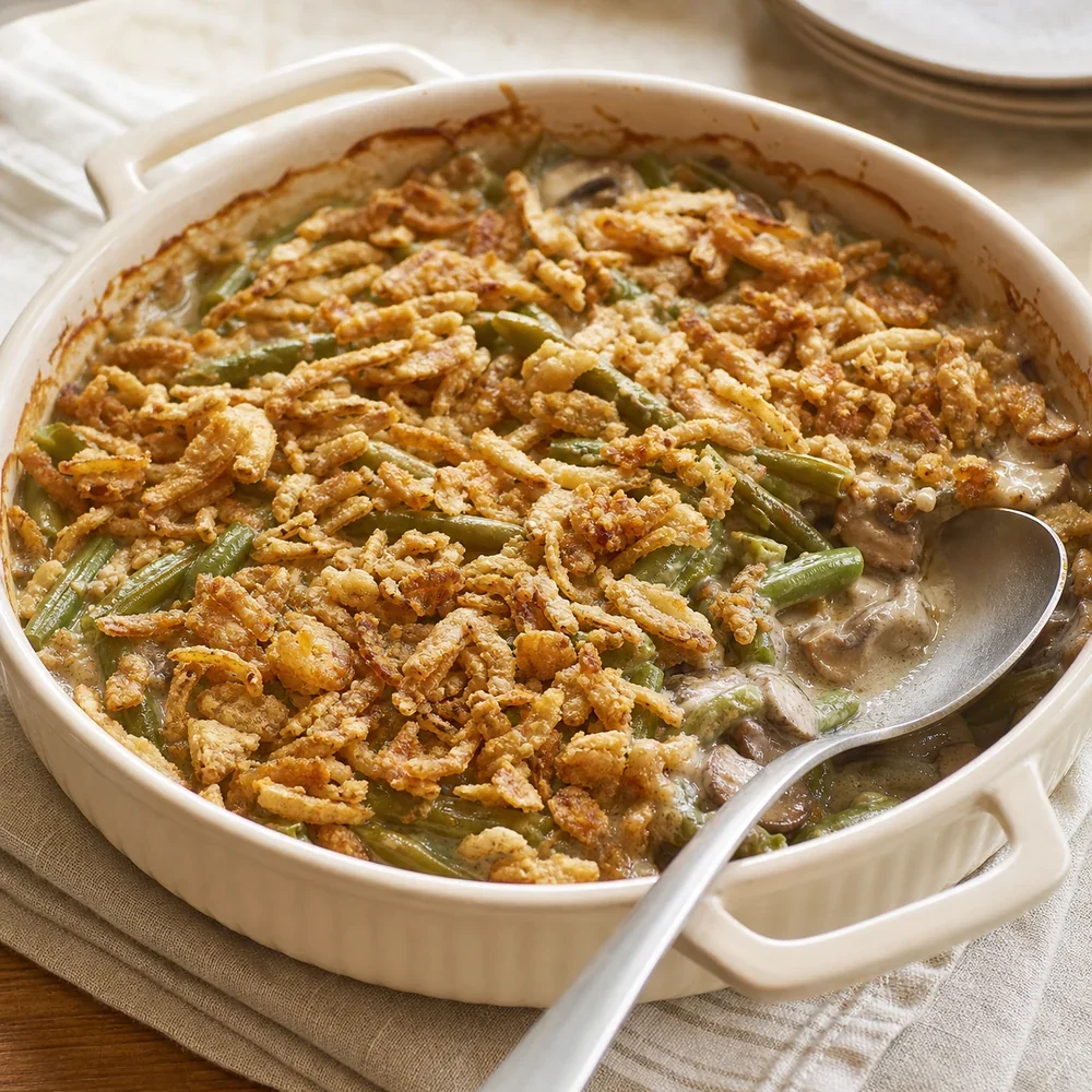 Finished green bean casserole with crisp fried onions