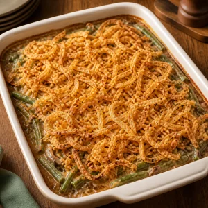 Golden fried onions on the baked green bean casserole