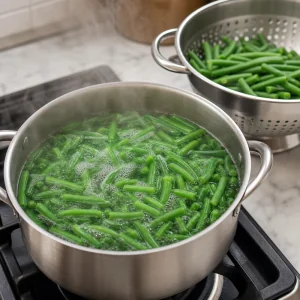 Green beans blanching in boiling water
