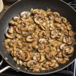 Mushrooms and onion sautéing in butter