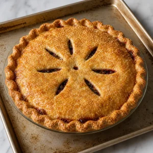 Baked mincemeat pie bubbling on a rimmed baking sheet