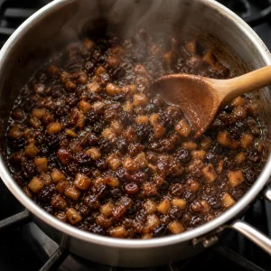 Glossy spiced mincemeat filling simmering in a saucepan