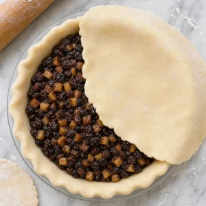 Mincemeat filling in the crust with the top dough partly laid over it