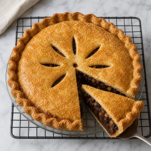 Mincemeat pie cooling on a rack with a slice lifted