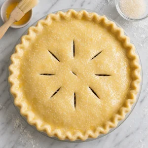 Unbaked mincemeat pie with crimped edges, vents, egg wash, and sugar