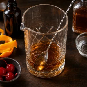 Bernsteinfarbene Mocktail-Zutaten im Ruehrglas
