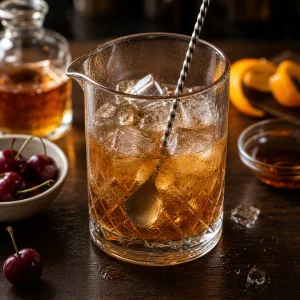 Bernsteinfarbener Mocktail mit Eis im Ruehrglas geruehrt
