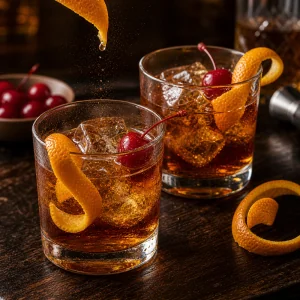 Old-Fashioned-Mocktails mit Orangenzeste und Kirschen