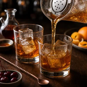 Geruehrter bernsteinfarbener Mocktail ueber grosse Eiswuerfel geseiht
