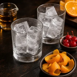 Zwei Old-Fashioned-Glaeser mit Eis gekuehlt