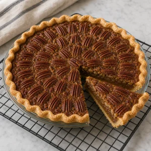 Fully cooled pecan pie on a rack with one clean slice showing the set filling.
