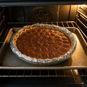 Pecan pie baking on a hot rimmed baking sheet with foil protecting the crust edge.