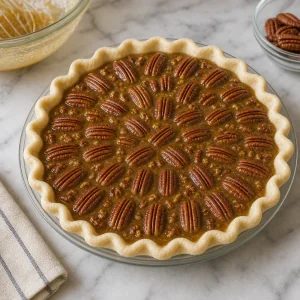 Unbaked pecan pie filling in a chilled crust with pecan halves arranged on top.