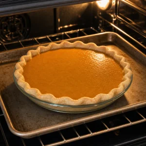 Tarta dyniowa zaczynająca piec się w piekarniku na blasze z rantem.