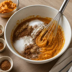 Puree z dyni, cukry, mąka i korzenne przyprawy mieszane trzepaczką w misce.