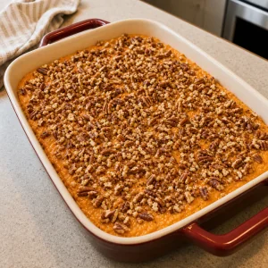 Chopped pecans sprinkled over the sweet potato casserole