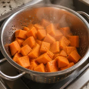 Drained sweet potato chunks steaming in a colander