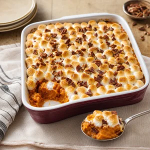 Finished sweet potato casserole with toasted marshmallows and pecans