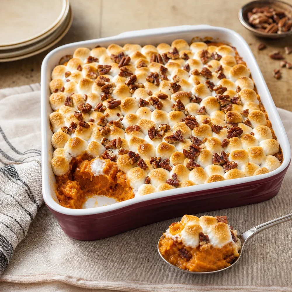 Finished sweet potato casserole with toasted marshmallows and pecans