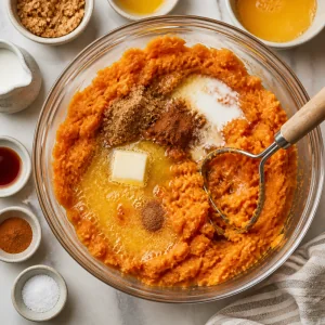 Mashed sweet potatoes mixed with butter, sugar, milk, eggs, and spices