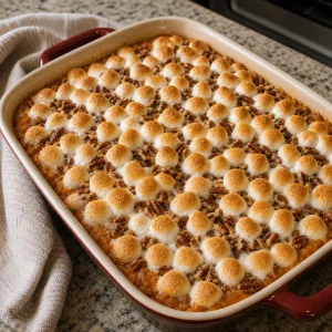 Puffed toasted mini marshmallows over pecans on the casserole
