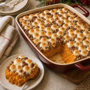 Rested sweet potato casserole with one serving on a plate