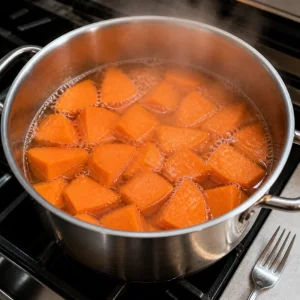 Sweet potato chunks simmering in a pot of water