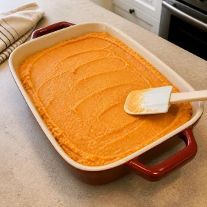 Sweet potato mixture smoothed in the baking dish