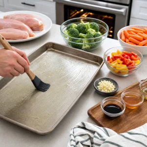 A baking sheet is lightly oiled for one-pan honey garlic chicken and vegetables.