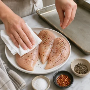 Chicken breasts are patted dry and seasoned with salt, pepper, and red pepper flakes.
