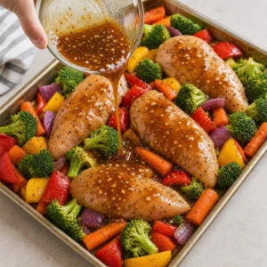 Honey garlic sauce is poured over the chicken and vegetables on the sheet pan.