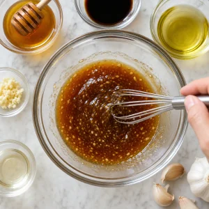 Honey, garlic, soy sauce, rice vinegar, and olive oil are whisked into a glossy sauce.