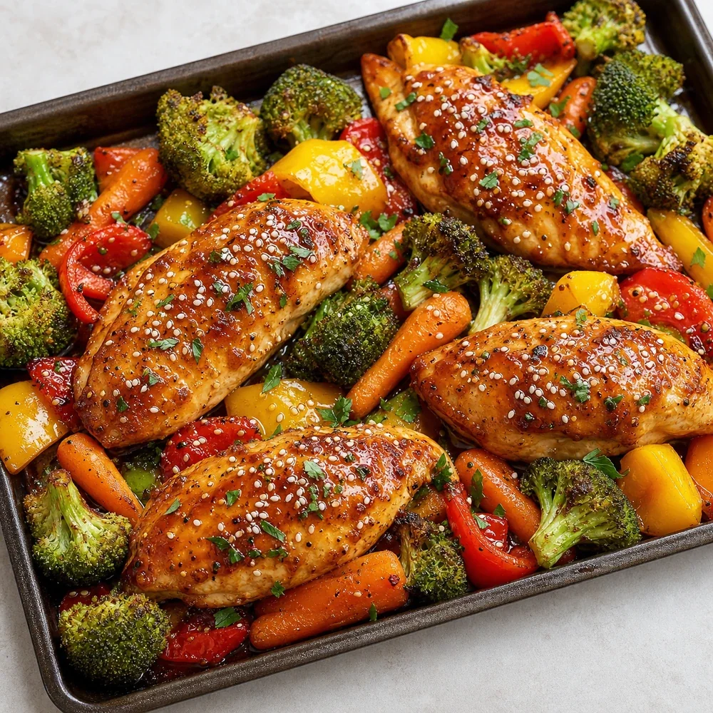 One-pan honey garlic chicken with roasted broccoli, carrots, and bell peppers on a sheet pan.