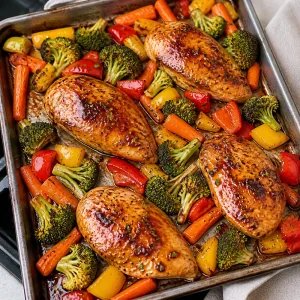 Roasted honey garlic chicken and vegetables are caramelized and ready from the oven.